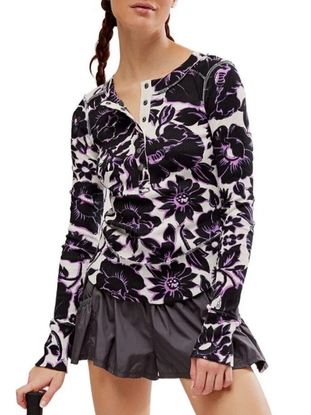 Free People Movement Rally Printed Henley Size Large Garden Floral Lilac NWOT